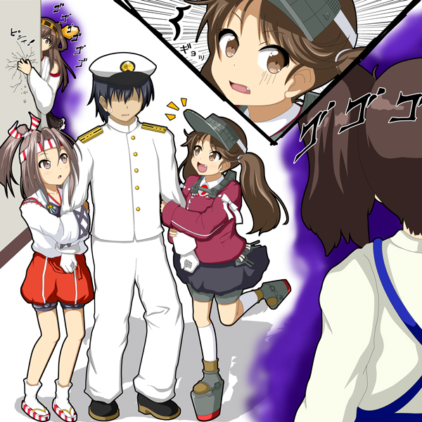 admiral_(kantai_collection) brown_eyes brown_hair detached_sleeves hat headband japanese_clothes kaga_(kantai_collection) kantai_collection kongou_(kantai_collection) long_hair miicha naval_uniform nontraditional_miko ryuujou_(kantai_collection) side_ponytail twintails wide_sleeves zuihou_(kantai_collection)