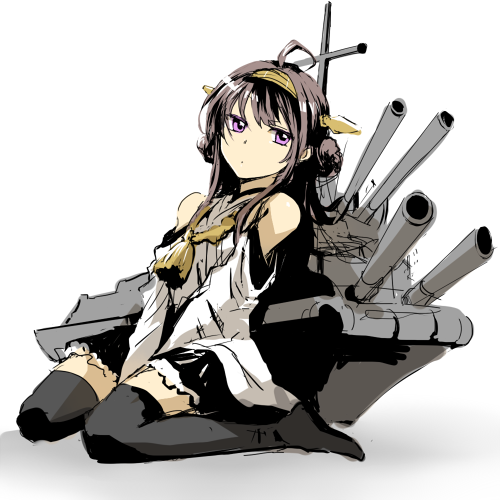 1girl bare_shoulders black_legwear blush boots breasts brown_hair cannon detached_sleeves double_bun hair_ornament hairband headgear highres japanese_clothes kantai_collection kongou_(kantai_collection) long_hair lowres miko personification skirt solo thigh_boots thighhighs turret violet_eyes