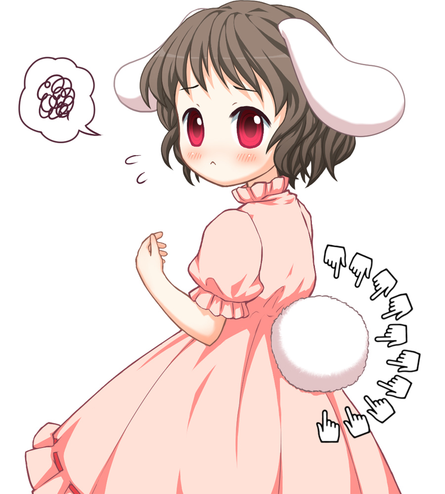 1girl :&lt; animal_ears bebelona black_hair blush bunny_tail cookie_clicker cursor dress flying_sweatdrops inaba_tewi looking_at_viewer looking_over_shoulder pink_dress puffy_short_sleeves puffy_sleeves rabbit_ears red_eyes short_hair short_sleeves simple_background solo speech_bubble squiggle tail touhou white_background
