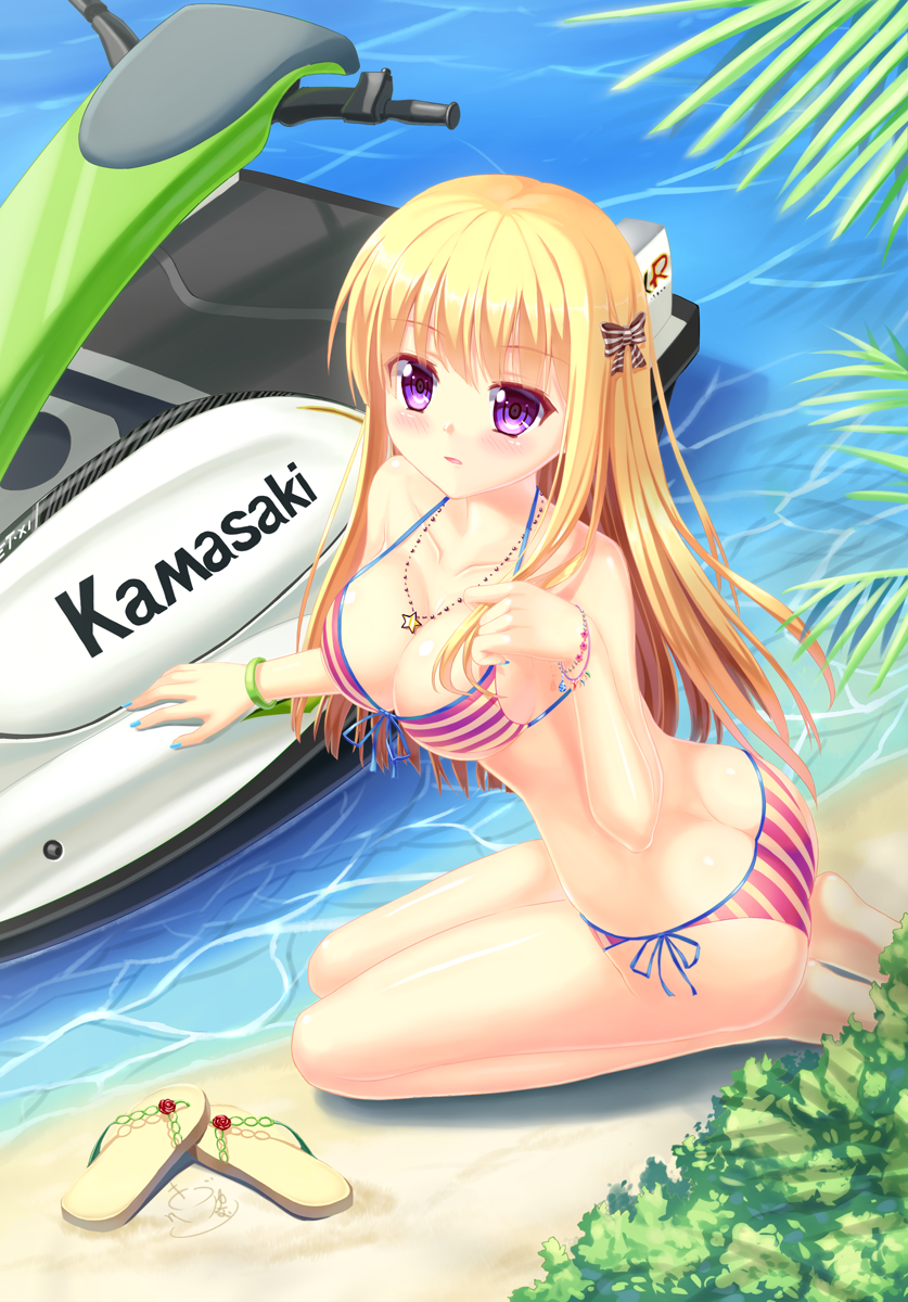 1girl barefoot beach bikini blonde_hair brand_name_imitation breasts cleavage highres jet_ski jewelry long_hair necklace ocean original sandals shoes_removed solo star swimsuit violet_eyes water yurina