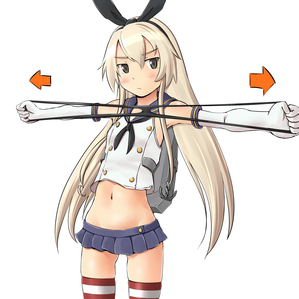 black_eyes blonde_hair elbow_gloves gloves hairband kantai_collection long_hair miniskirt outstretched_arms panties panties_removed shimakaze_(kantai_collection) shuuji_(shumi) skirt spread_arms striped striped_legwear thighhighs underwear