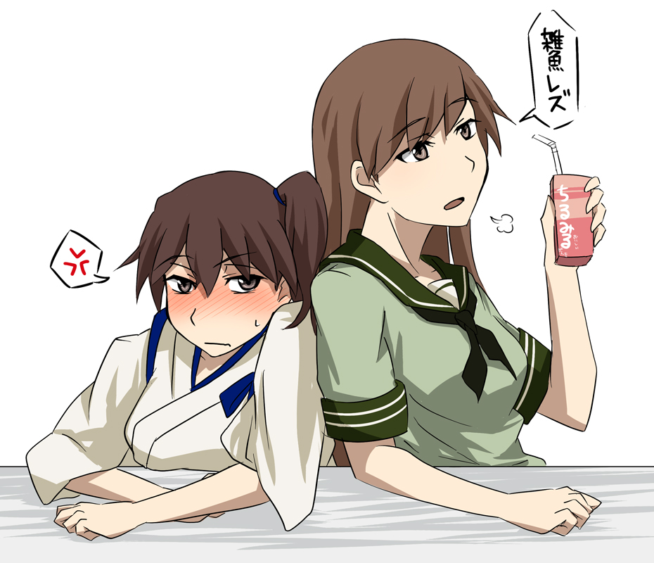 brown_eyes brown_hair japanese_clothes kaga_(kantai_collection) kantai_collection makoto_jon multiple_girls ooi_(kantai_collection) school_uniform serafuku side_ponytail translated