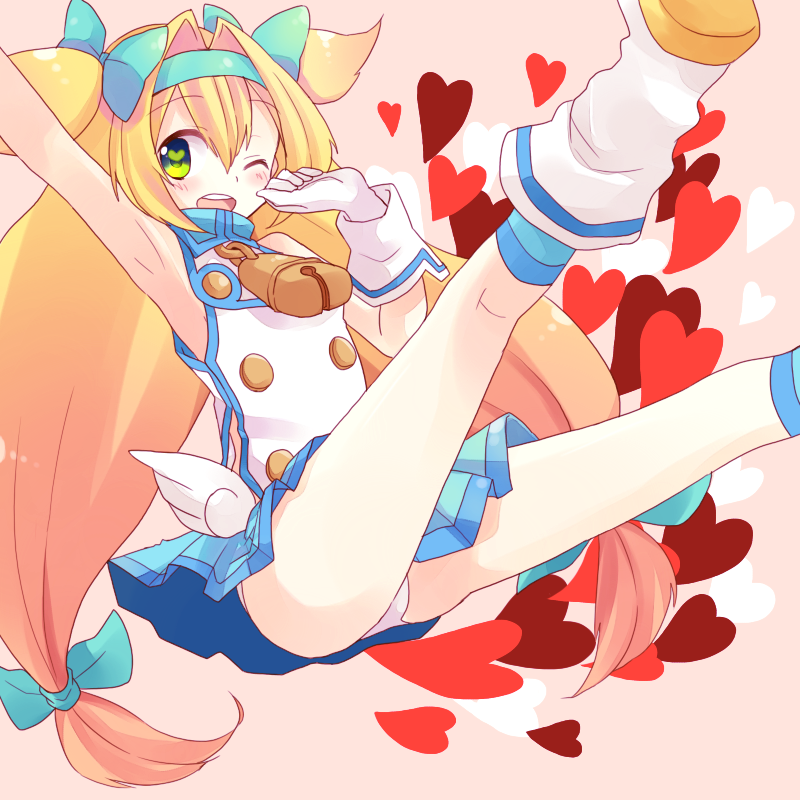 1girl bell blazblue blonde_hair blush boots bow gloves green_eyes hair_bow hairband heart heart-shaped_pupils long_hair low-tied_long_hair narcissus1o open_mouth panties platinum_the_trinity quad_tails skirt solo symbol-shaped_pupils two_side_up underwear very_long_hair white_gloves white_panties wink