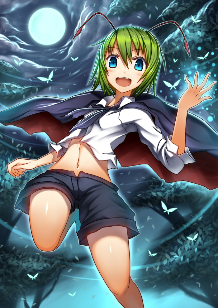 1girl antennae blue_eyes cape clouds fireflies full_moon gia glowing green_hair looking_at_viewer midriff moon navel night open_mouth shirt shorts sky smile solo touhou tree wriggle_nightbug