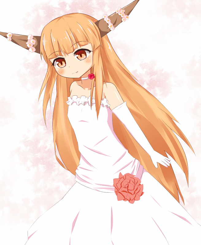 1girl alternate_costume bare_shoulders blush bride choker collarbone dress dutch_angle elbow_gloves flower gloves gradient gradient_background horn_ornament ibuki_suika long_hair looking_at_viewer oni_tofu orange_eyes orange_hair red_rose rose simple_background smile solo strapless_dress touhou very_long_hair wedding_dress