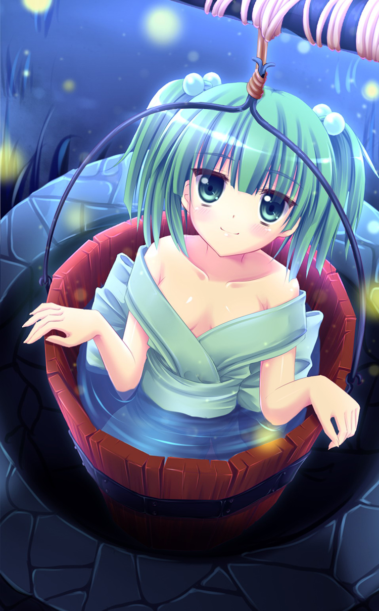 1girl angel_koman bare_shoulders blue_eyes blue_hair breasts bucket cleavage collarbone fireflies grass hair_bobbles hair_ornament highres in_bucket in_container kisume looking_at_viewer night off_shoulder outdoors rope short_hair smile solo touhou twintails water well