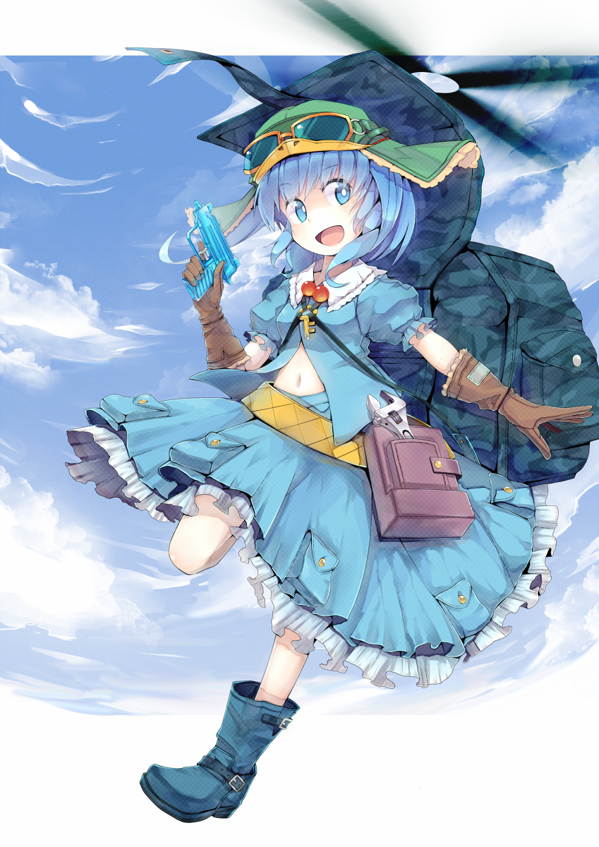1girl adjustable_wrench backpack bag belt blue_eyes blue_hair blue_sky boots brown_gloves bubble cloudy_sky dress flying gloves goggles goggles_on_hat gun handgun hat helicopter highres kawashiro_nitori key midriff navel open_mouth pocket propeller rubber_boots sanuki_(zigzagflamberge) shirt short_hair short_sleeves skirt skirt_set sky smile solo tools touhou twintails utility_belt water_gun weapon wrench