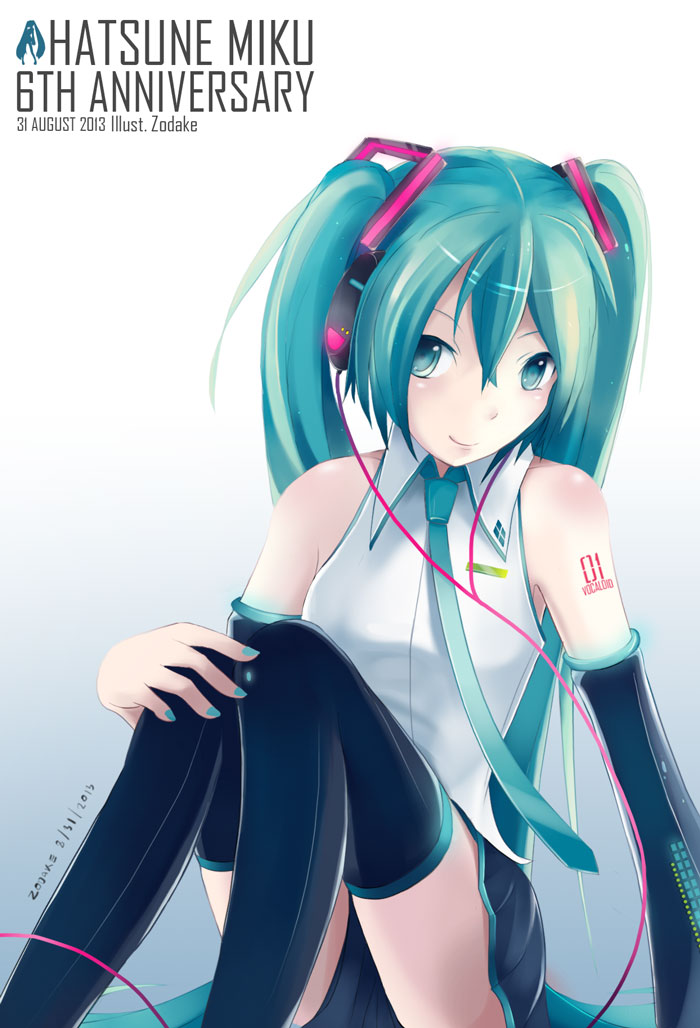 1girl aqua_eyes aqua_hair detached_sleeves hatsune_miku headphones long_hair nail_polish necktie skirt smile solo thighhighs twintails vocaloid zodake