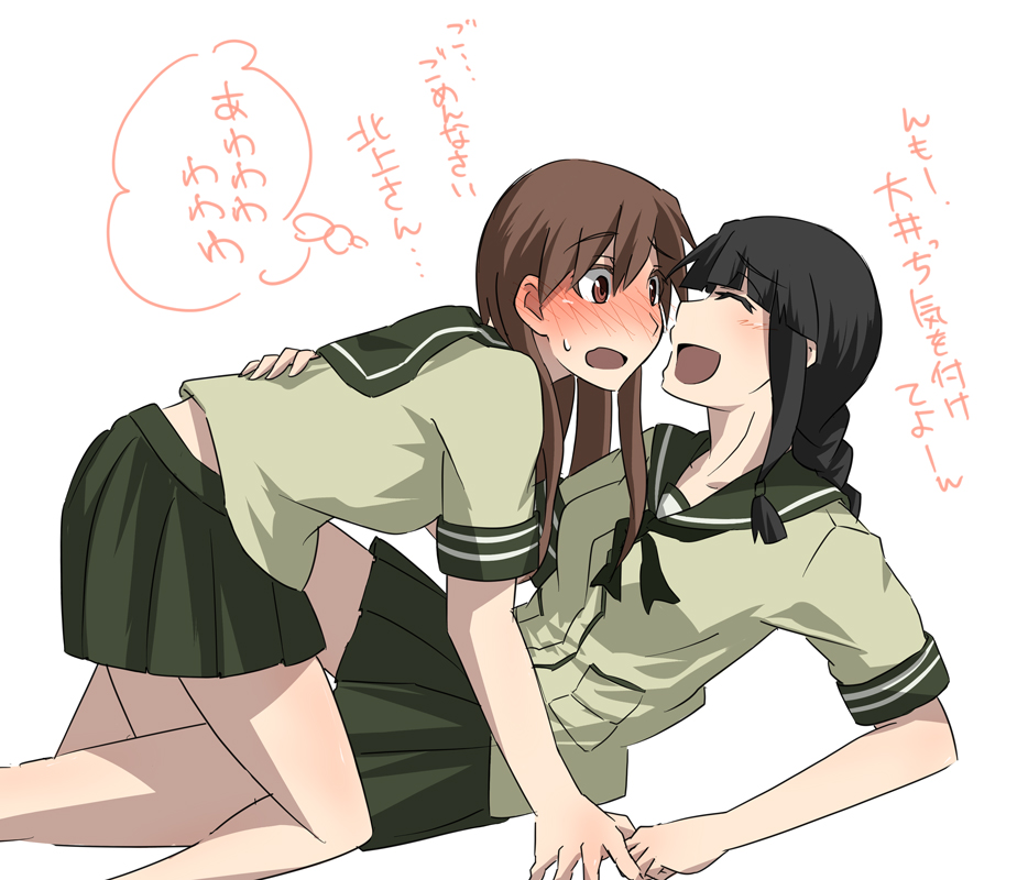 bangs black_hair blunt_bangs braid brown_eyes brown_hair kantai_collection kitakami_(kantai_collection) long_hair makoto_jon multiple_girls ooi_(kantai_collection) school_uniform serafuku translated