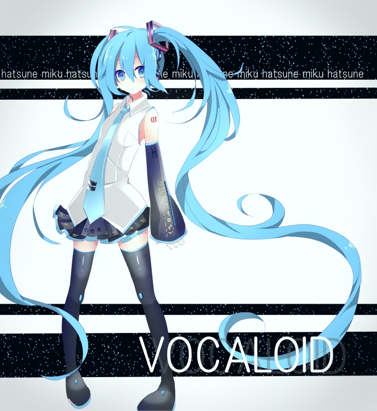 1girl aqua_hair blue_eyes boots character_name copyright_name detached_sleeves hatsune_miku headphones long_hair necktie pigeon-toed skirt solo thigh_boots thighhighs twintails very_long_hair vocaloid