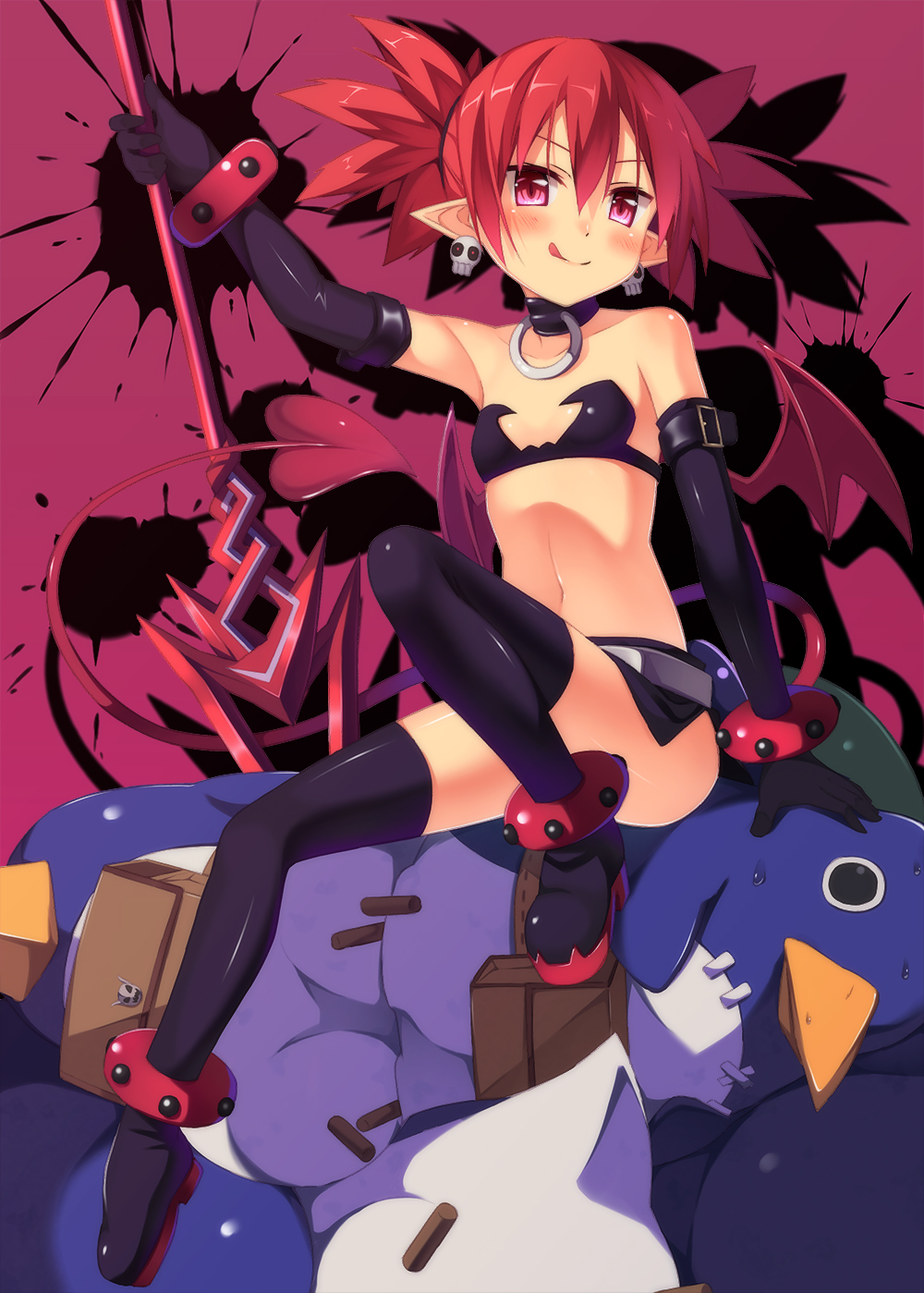 1girl :q anklet bat_wings bird black_legwear boots bracelet choker disgaea earrings elbow_gloves etna flat_chest gloves highres jewelry kinta_(distortion) makai_senki_disgaea midriff miniskirt navel penguin pointy_ears polearm prinny purple_background red_eyes redhead short_hair skirt spear sweat tail thigh_boots thighhighs tongue twintails weapon wings