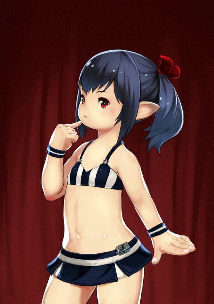 1girl bare_shoulders bikini black_hair blush final_fantasy final_fantasy_xiv flat_chest hair_ribbon lalafell looking_at_viewer muuten navel pointy_ears ponytail red_eyes ribbon short_hair solo swimsuit