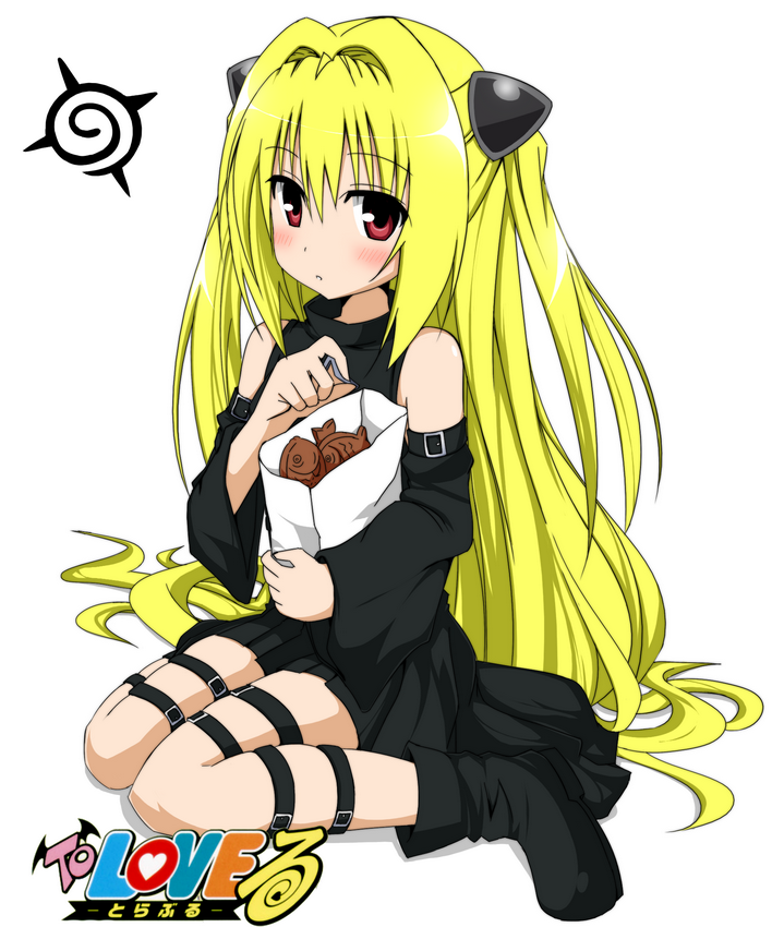 1girl blonde_hair blush copyright_name detached_sleeves konjiki_no_yami long_hair looking_at_viewer red_eyes simple_background sitting sky_(freedom) solo thigh_strap to_love-ru very_long_hair wariza white_background