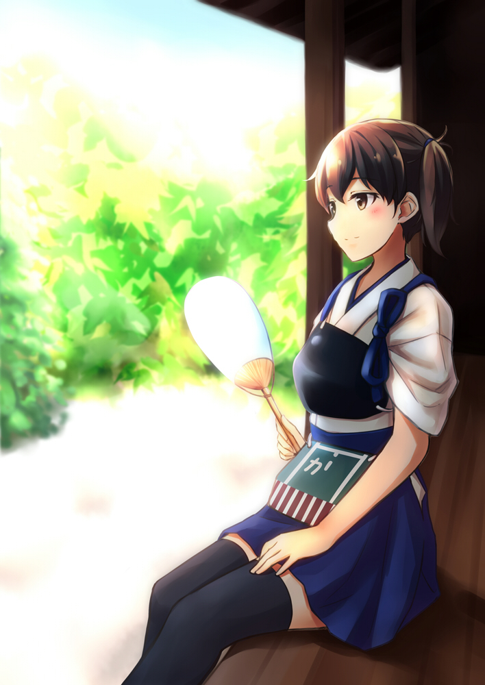 1girl aoi_usagi armor brown_eyes brown_hair fan japanese_clothes kaga_(kantai_collection) kantai_collection muneate personification ponytail side_ponytail sitting solo thighhighs