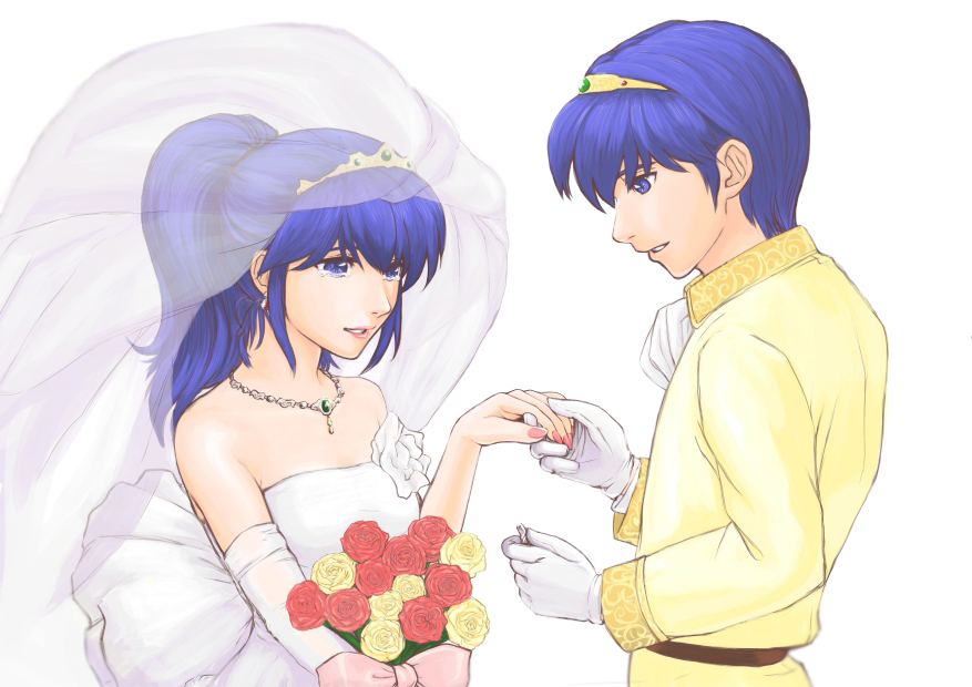1boy 1girl abo_(hechouchou) bare_shoulders blue_eyes blue_hair bouquet bridal_veil couple dress female fire_emblem fire_emblem:_mystery_of_the_emblem flower gloves jewelry lipstick long_hair makeup male marth nail_polish necklace ponytail ring sheeda simple_background tears tiara veil wedding wedding_dress wedding_ring white_background