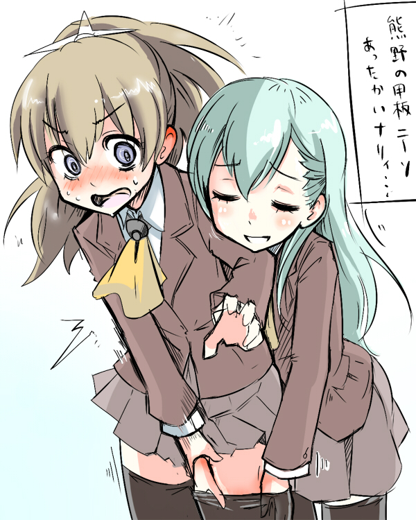 /\/\/\ 2girls aqua_hair blue_eyes blush brown_hair groping hair_ornament hands_in_thighhigh kantai_collection kumano_(kantai_collection) long_hair looking_down military military_uniform multiple_girls open_mouth personification pervert ponytail skirt smile surprised suzuya_(kantai_collection) sweatdrop thighhighs translation_request uniform wakie