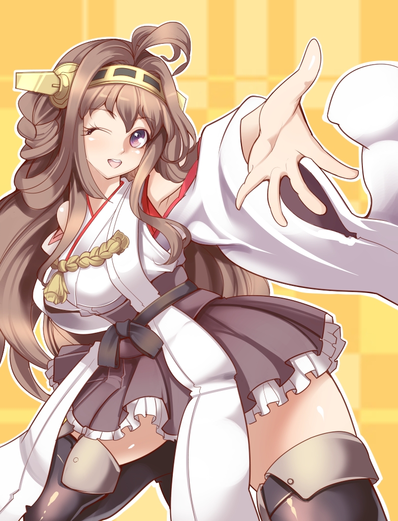1girl ahoge bare_shoulders black_legwear blush boots breasts brown_eyes brown_hair detached_sleeves double_bun hair_ornament hairband headgear japanese_clothes kantai_collection kongou_(kantai_collection) long_hair miko open_mouth personification skirt smile solo taka_(sanoujo358) thigh_boots thighhighs wink