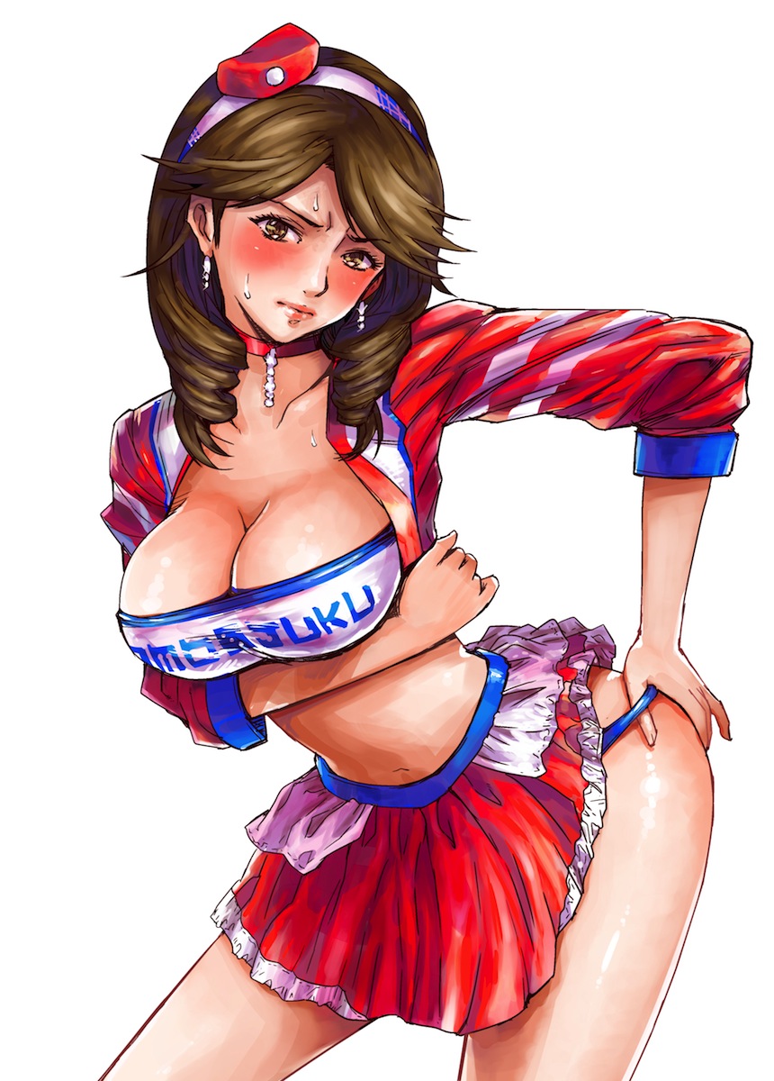 1girl blush breast_hold breasts brown_eyes brown_hair cheerleader choker cleavage clothes_writing collarbone contrapposto cowboy_shot drill_hair earrings hairband hand_on_hip highres jewelry large_breasts leaning_forward long_hair looking_at_viewer navel ootori_ichiraku open_clothes open_shirt original panties panty_pull simple_background skirt solo sweat track_jacket twin_drills underwear white_background