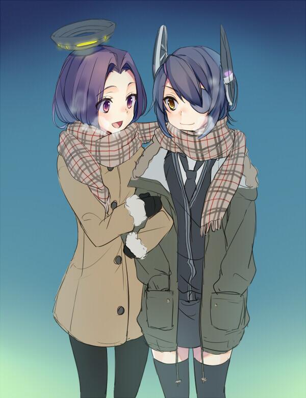 2girls alternate_costume arm_holding blue_hair d11 eyepatch hands_in_pockets headgear jacket kantai_collection mechanical_halo mittens multiple_girls necktie open_mouth personification purple_hair scarf shared_scarf short_hair tatsuta_(kantai_collection) tenryuu_(kantai_collection) thighhighs violet_eyes yellow_eyes