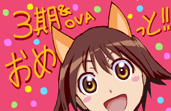 1girl :d animal_ears blush_stickers brown_eyes brown_hair dog_ears face miyafuji_yoshika open_mouth pink_background polka_dot polka_dot_background smile solo strike_witches translation_request ultimachaos05