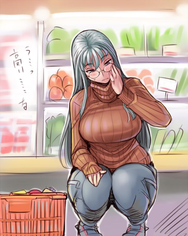 1girl bespectacled blush breasts casual glasses groceries hand_on_own_face large_breasts long_hair red_eyes ribbed_sweater selvaria_bles senjou_no_valkyria senjou_no_valkyria_1 shopping shopping_basket silver_hair solo squatting supermarket sweatdrop sweater tsuda_nanafushi turtleneck