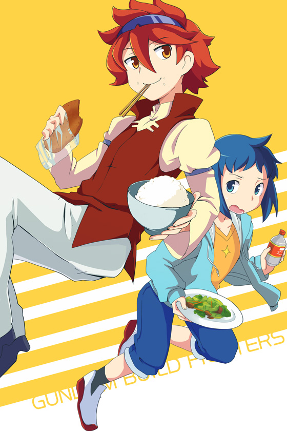 2boys blue_eyes bottle brown_eyes chobota chopsticks collarbone food food_on_face gundam gundam_build_fighters iori_sei male mouth_hold multiple_boys open_mouth plate redhead reiji_(gundam_bf) rice rice_bowl rice_on_face salad smile sunglasses sunglasses_on_head