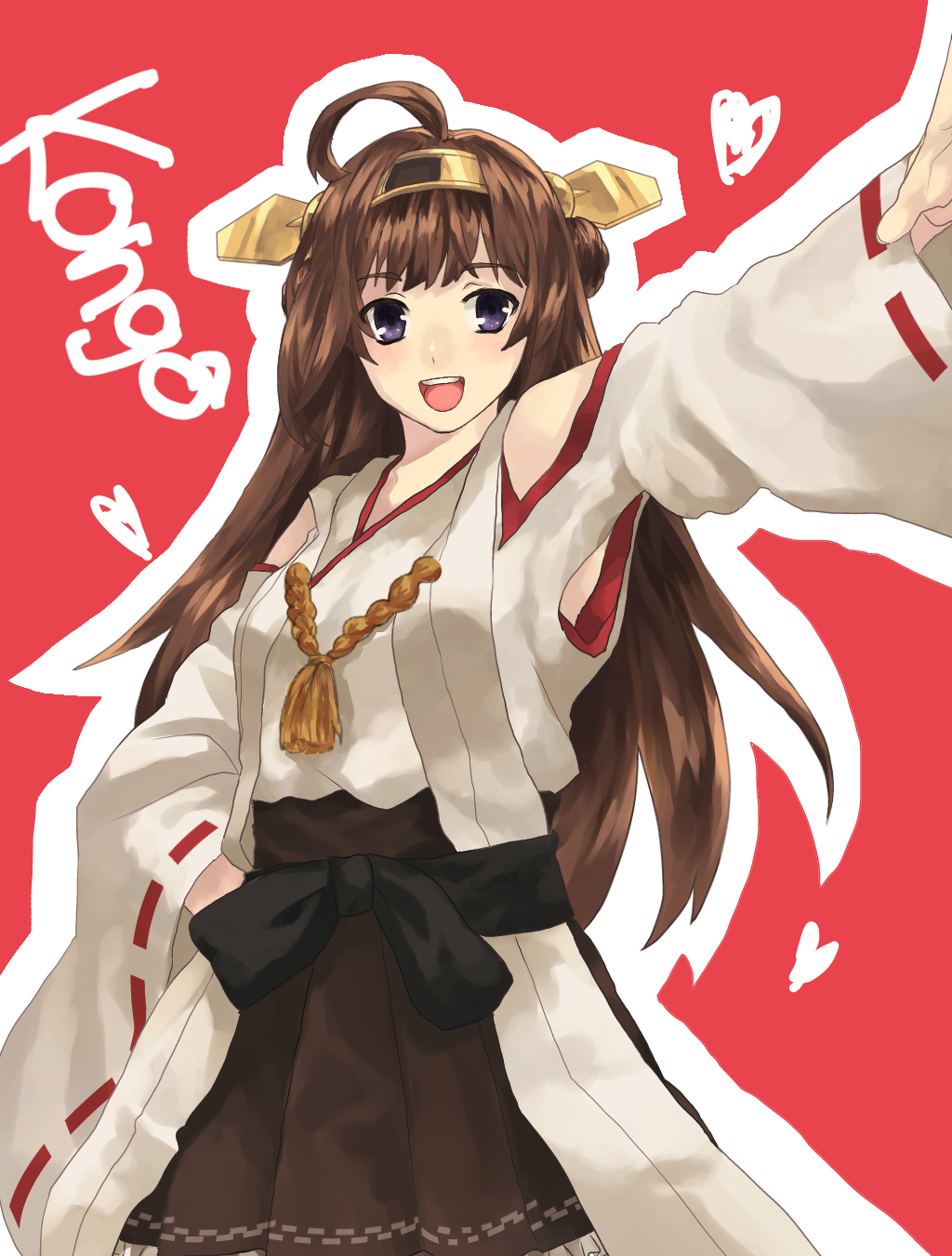 1girl :d ahoge blush brown_hair detached_sleeves double_bun hairband hand_on_hip heart highres japanese_clothes kantai_collection kongou_(kantai_collection) long_hair muton486 nontraditional_miko open_mouth outstretched_arm personification pleated_skirt skirt smile violet_eyes