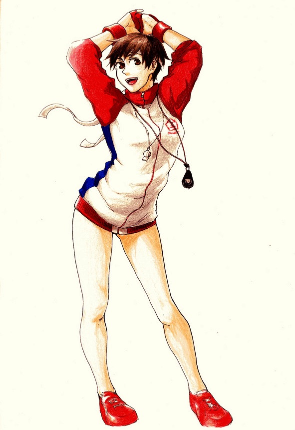 1girl alternate_costume arms_up bare_legs brown_eyes brown_hair fingerless_gloves full_body gloves headband kasugano_sakura pencil_crayon_(medium) rif_han shoes short_hair small_breasts sneakers solo stopwatch street_fighter street_fighter_iv track_jacket watch whistle