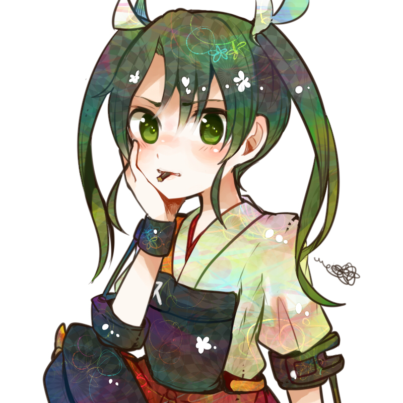 1girl blush bow green_eyes green_hair hair_bow hand_on_own_cheek itomugi-kun japanese_clothes kantai_collection muneate personification pleated_skirt pocky short_sleeves skirt solo twintails white_background zuikaku_(kantai_collection)