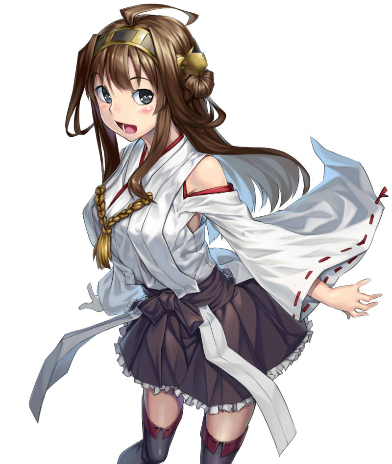 1girl :d ahoge blush brown_hair detached_sleeves double_bun h_kasei hairband highres japanese_clothes kantai_collection kongou_(kantai_collection) long_hair nontraditional_miko open_mouth personification pleated_skirt skirt smile thighhighs