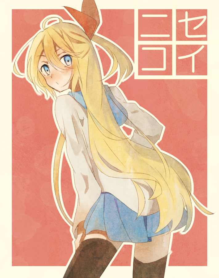 1girl black_legwear blonde_hair blue_eyes blush border bow hair_bow hair_ornament hand_on_thigh kirisaki_chitoge long_hair looking_back namihaya nisekoi school_uniform serafuku skirt solo standing thighhighs zettai_ryouiki