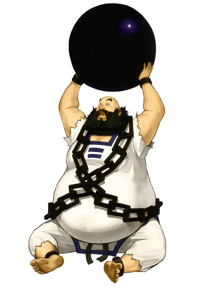 1boy bald barefoot beard big_belly chain chang_koehan dougi eyebrows facial_hair king_of_fighters king_of_fighters_2001 nona official_art shackle sitting snk soles solo toes white_background wrecking_ball