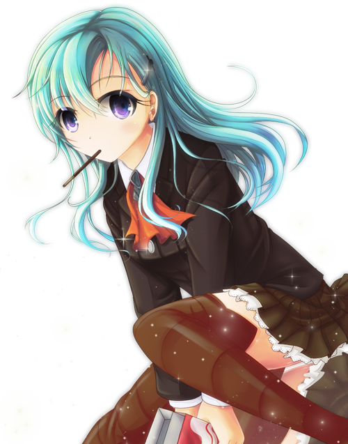 1girl aqua_hair blush hair_ornament hairclip kantai_collection long_hair looking_at_viewer personification pocky skirt smile solo suzuya_(kantai_collection) thighhighs violet_eyes white_background