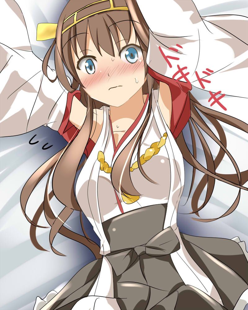 1girl appei_(555) blue_eyes blush brown_hair detached_sleeves hairband japanese_clothes kantai_collection kongou_(kantai_collection) looking_at_viewer personification solo sweatdrop