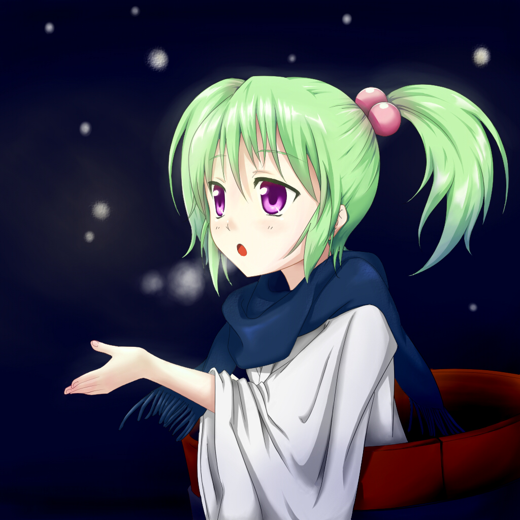 1girl :o blush bucket green_hair hair_bobbles hair_ornament in_bucket in_container kisume scarf short_hair short_twintails solo tenko_(kekkikyou) touhou twintails violet_eyes