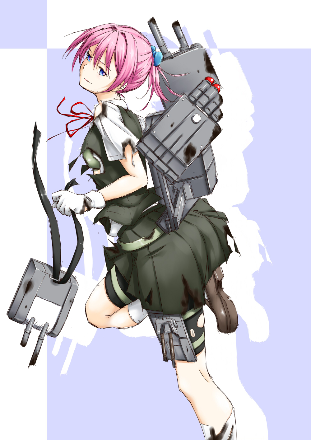 1girl bike_shorts black_bike_shorts blue_eyes burnt_clothes gloves hair_ornament highres kantai_collection kneehighs niwatazumi personification pleated_skirt ponytail purple_background purple_hair school_uniform serafuku shiranui_(kantai_collection) skirt solo white_gloves white_legwear