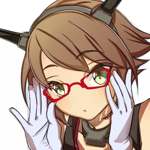 1girl adjusting_glasses bespectacled blush brown_hair glasses gloves green_eyes headgear kantai_collection looking_at_viewer mutsu_(kantai_collection) open_mouth personification short_hair solo touryou white_gloves