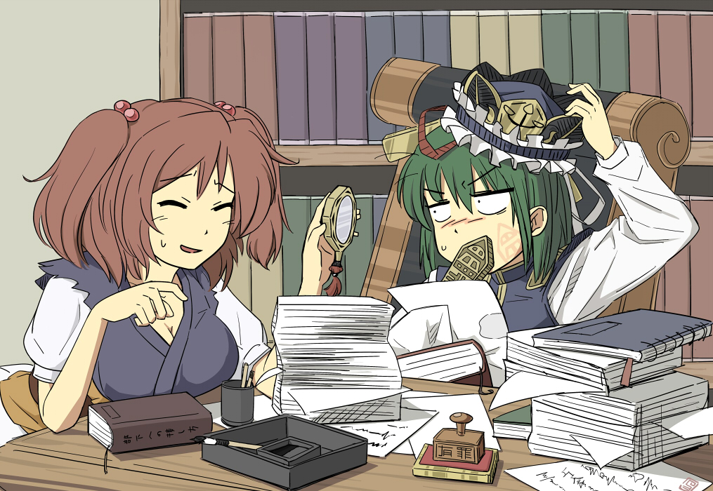 2girls book bookshelf breasts calligraphy_brush chair cleavage closed_eyes desk green_hair hair_bobbles hair_ornament hand_on_hat hat hat_ribbon imprinted_skin indoors long_sleeves looking_at_another maguro_(mawaru_sushi) mirror multiple_girls office office_chair onozuka_komachi paintbrush paper parted_lips redhead ribbon rod_of_remorse shiki_eiki short_hair short_sleeves stamp sweatdrop touhou twintails