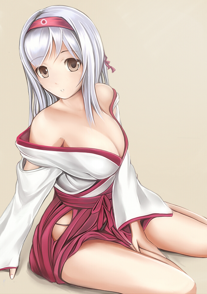 1girl bare_legs blush breasts brown_eyes cleavage hairband japanese_clothes kantai_collection large_breasts long_hair looking_at_viewer nanacy7 off_shoulder personification shoukaku_(kantai_collection) silver_hair skirt solo
