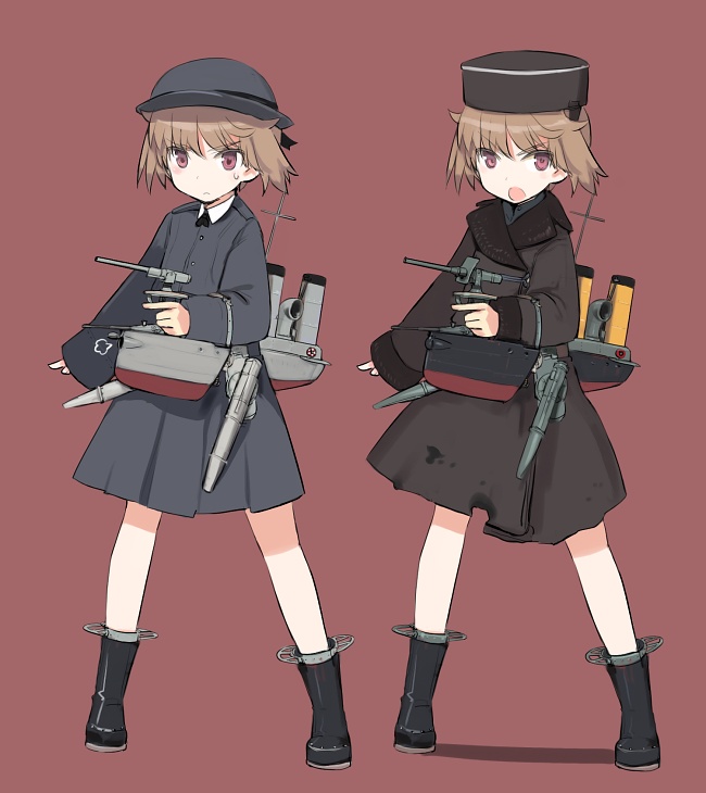 2girls bare_legs bedovyy_(kantai_collection)_(type_1902) blush boots brown_hair coat gun handgun hat kantai_collection long_sleeves looking_at_viewer military military_uniform multiple_girls open_mouth original personification red_background red_eyes revision shimada_fumikane short_hair simple_background uniform weapon