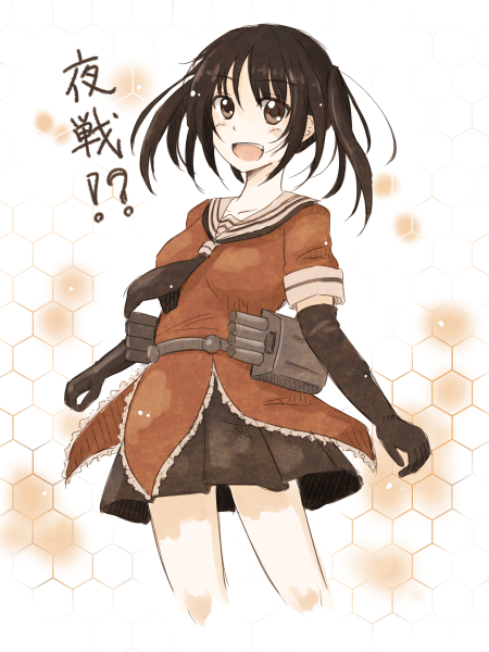 1girl :d brown_eyes brown_hair elbow_gloves gloves kantai_collection long_hair looking_at_viewer mashayuki open_mouth pleated_skirt sendai_(kantai_collection) skirt smile solo translated twintails white_gloves