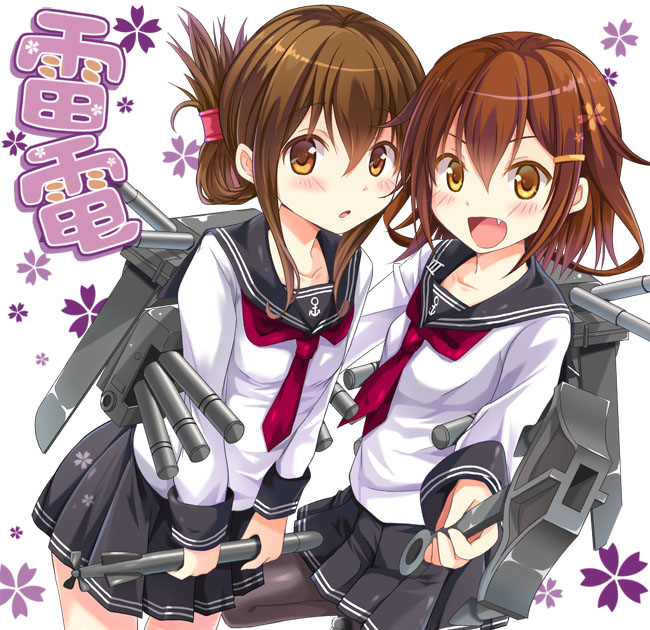 2girls anchor brown_eyes brown_hair fang flower hair_ornament hairclip half_updo ikazuchi_(kantai_collection) inazuma_(kantai_collection) kantai_collection looking_at_viewer machinery multiple_girls open_mouth pantyhose personification sailor_dress siblings sisters takanashi_haruto torpedo turret