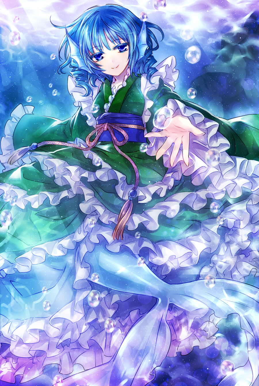 1girl blue_eyes blue_hair bubble head_fins highres japanese_clothes kimono long_sleeves looking_at_viewer mermaid monster_girl neme obi outstretched_arm outstretched_hand smile solo touhou underwater wakasagihime wide_sleeves