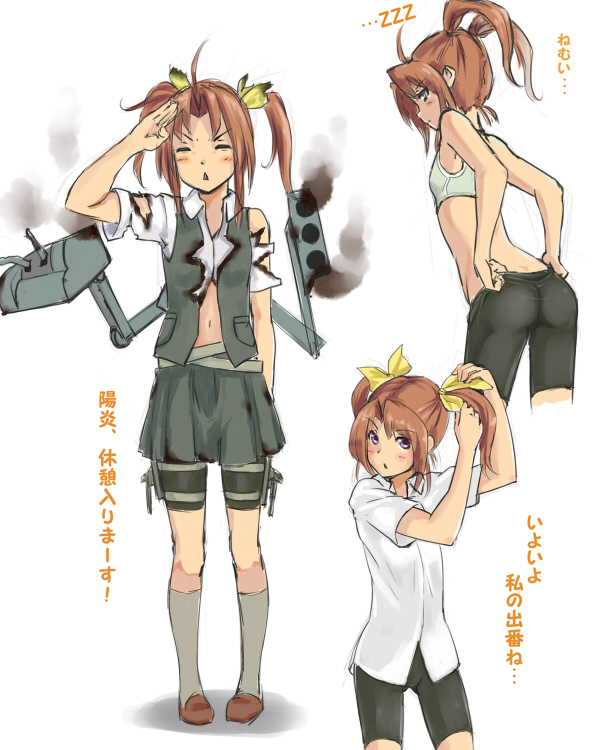 1girl adjusting_clothes adjusting_hair bike_shorts black_bike_shorts blush bow brown_hair burnt_clothes hair_bow kagerou_(kantai_collection) kantai_collection kneehighs peperoncirno personification pleated_skirt purple_hair school_uniform serafuku short_sleeves skirt smile solo translated twintails
