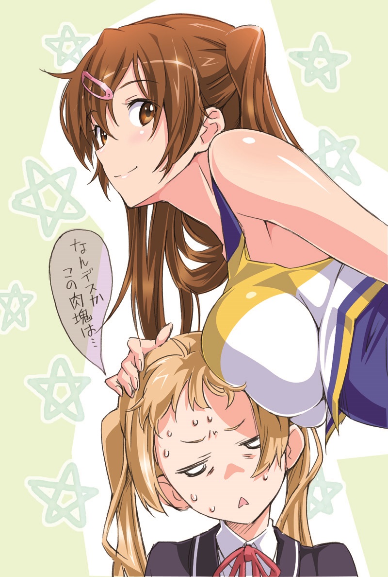 2girls :&lt; annoyed blank_eyes blonde_hair blush breast_rest breasts breasts_on_head brown_eyes brown_hair cheerleader chuunibyou_demo_koi_ga_shitai! dekomori_sanae hair_ornament hairclip hand_on_another's_head large_breasts long_hair looking_at_viewer multiple_girls nibutani_shinka school_uniform smile star suzutsuki_kurara sweat twintails