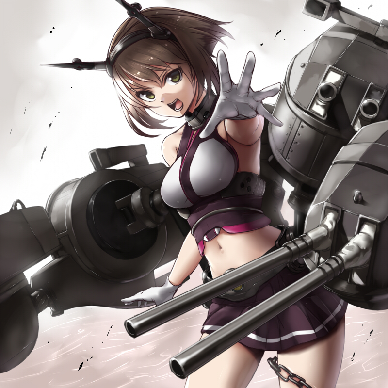 1girl breasts brown_hair gloves green_eyes headgear kantai_collection large_breasts looking_at_viewer midriff mutsu_(kantai_collection) navel open_mouth personification short_hair skirt solo takemori_shintarou white_gloves