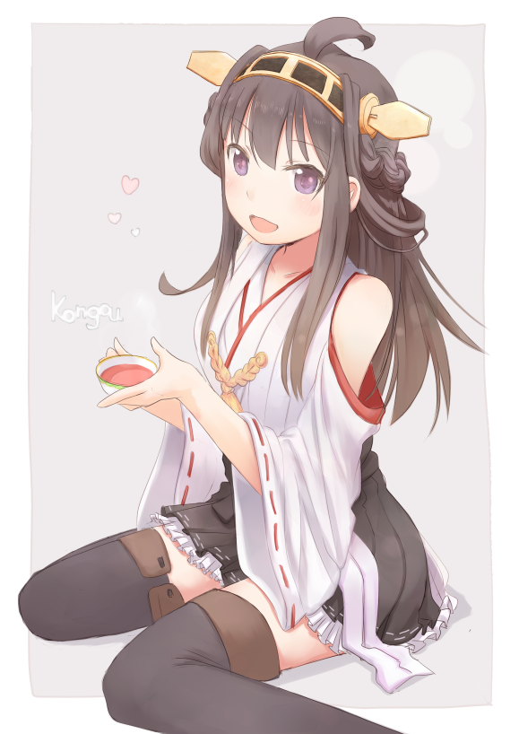 1girl ahoge bare_shoulders blush brown_hair detached_sleeves double_bun hair_ornament hairband headgear japanese_clothes kantai_collection kokotetsu kongou_(kantai_collection) long_hair open_mouth personification skirt smile solo tea thighhighs wide_sleeves