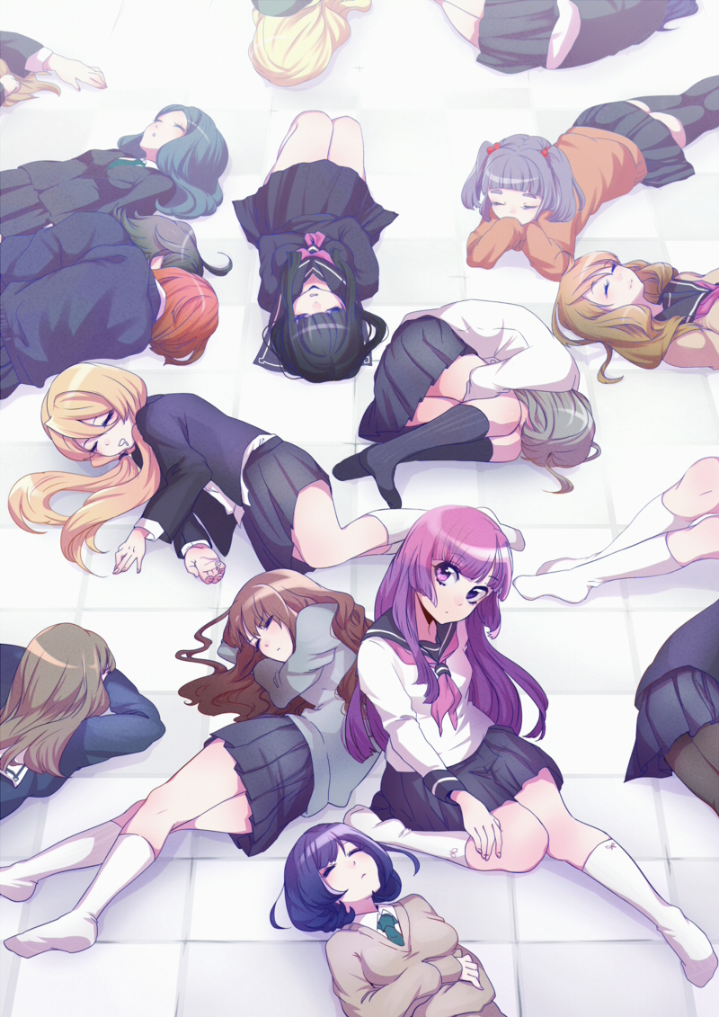 6+girls black_hair blazer blonde_hair brown_hair cardigan closed_eyes fetal_position long_hair looking_at_viewer multiple_girls necktie on_back on_side on_stomach open_mouth purple_hair saliva school_uniform serafuku short_twintails silver_hair sleeping sweater twintails wavy_hair yuura