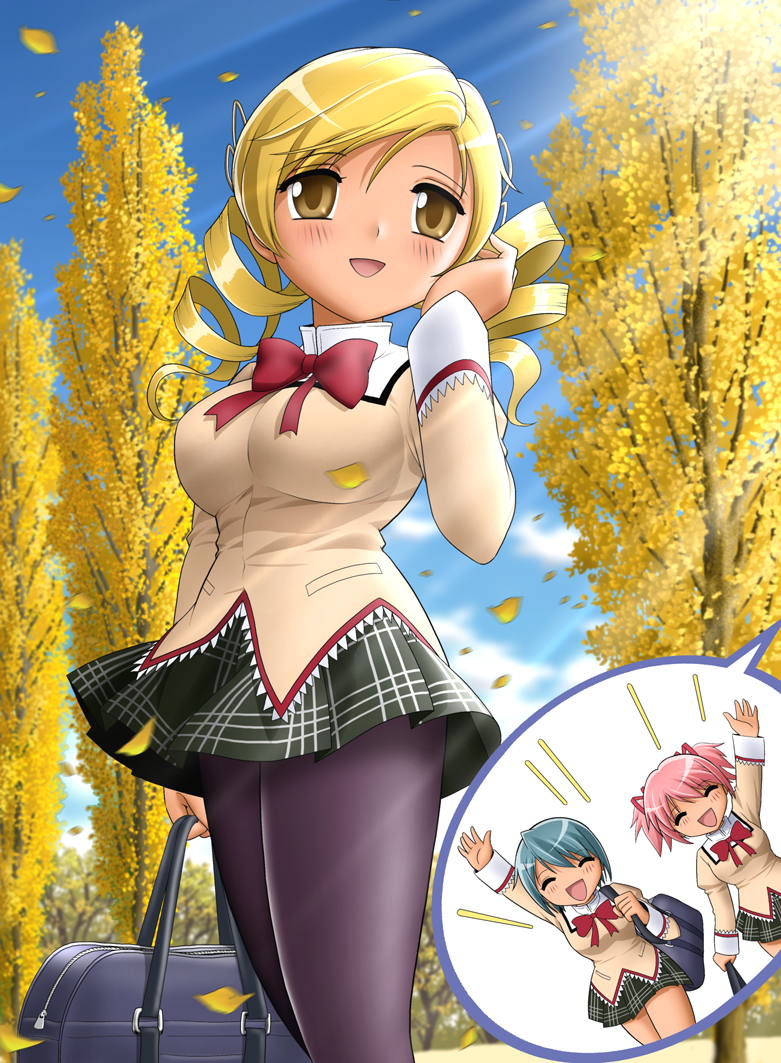 3girls bag blonde_hair blue_hair blush breasts closed_eyes drill_hair kaname_madoka large_breasts mahou_shoujo_madoka_magica miki_sayaka multiple_girls open_mouth pantyhose pink_hair school_uniform shingyouji_tatsuya skirt sky solo_focus tomoe_mami tree twin_drills twintails yellow_eyes