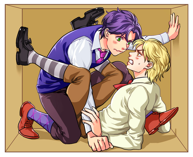 2boys arm_support blush box clenched_teeth dio_brando dress_shirt elbow_rest embarrassed eye_contact green_eyes in_box in_container jojo_no_kimyou_na_bouken jonathan_joestar kneeling knickers legs_up loafers looking_at_another magatsumagic male multiple_boys necktie on_back oxfords profile purple_hair purple_legwear ribbon shirt shoes striped striped_legwear sweat sweater_vest yaoi yellow_eyes young